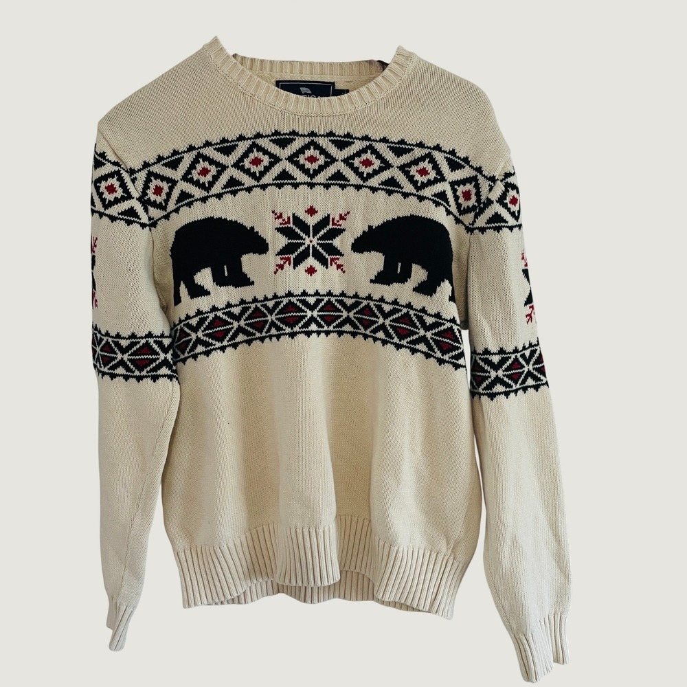Mens Bear Fair Isle Cotton Knit Sweater Size M Cream Nordic Lodge Life Rustic
